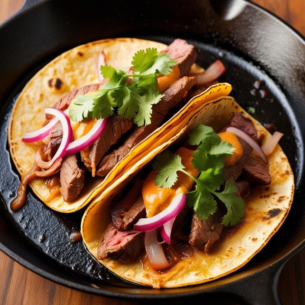 Delicious Mexican steak tacos served on a wooden platter, garnished with fresh cilantro, diced onions, lime wedges, and accompanied by vibrant salsa, showcasing the rich flavors of traditional Mexican cuisine.