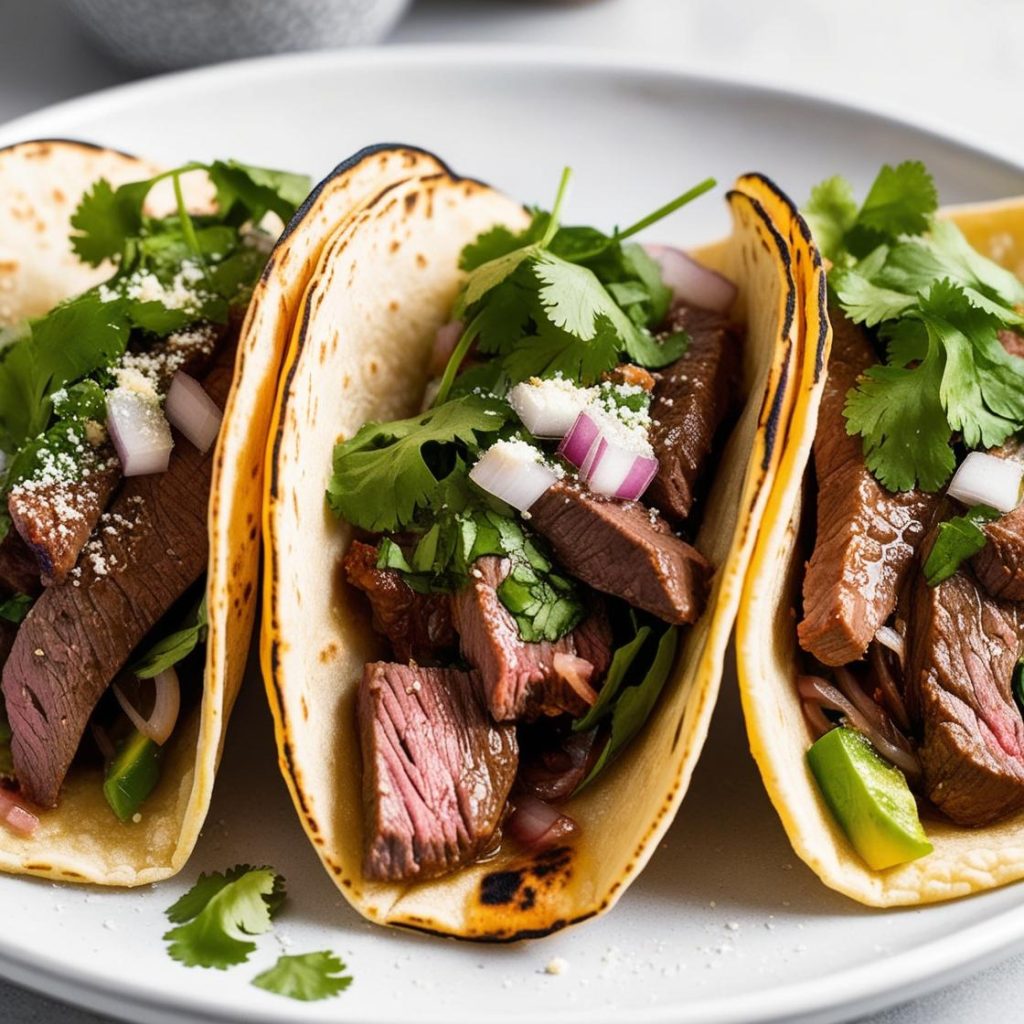 Delicious Mexican steak tacos served on a wooden platter, garnished with fresh cilantro, diced onions, lime wedges, and accompanied by vibrant salsa, showcasing the rich flavors of traditional Mexican cuisine.