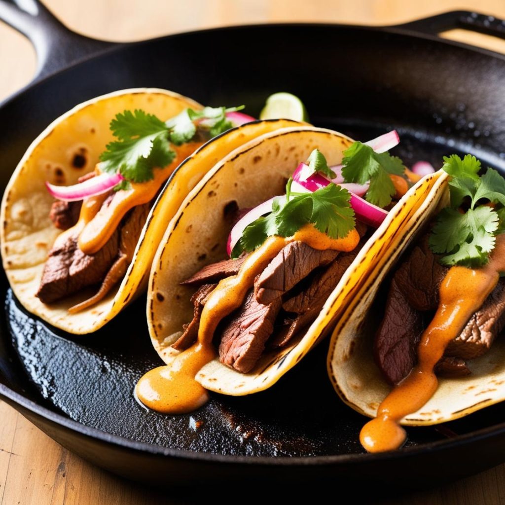 Delicious Mexican steak tacos served on a wooden platter, garnished with fresh cilantro, diced onions, lime wedges, and accompanied by vibrant salsa, showcasing the rich flavors of traditional Mexican cuisine.