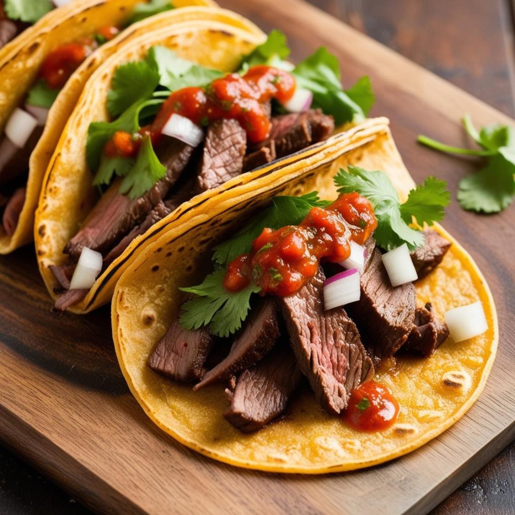 Delicious Mexican steak tacos served on a wooden platter, garnished with fresh cilantro, diced onions, lime wedges, and accompanied by vibrant salsa, showcasing the rich flavors of traditional Mexican cuisine.