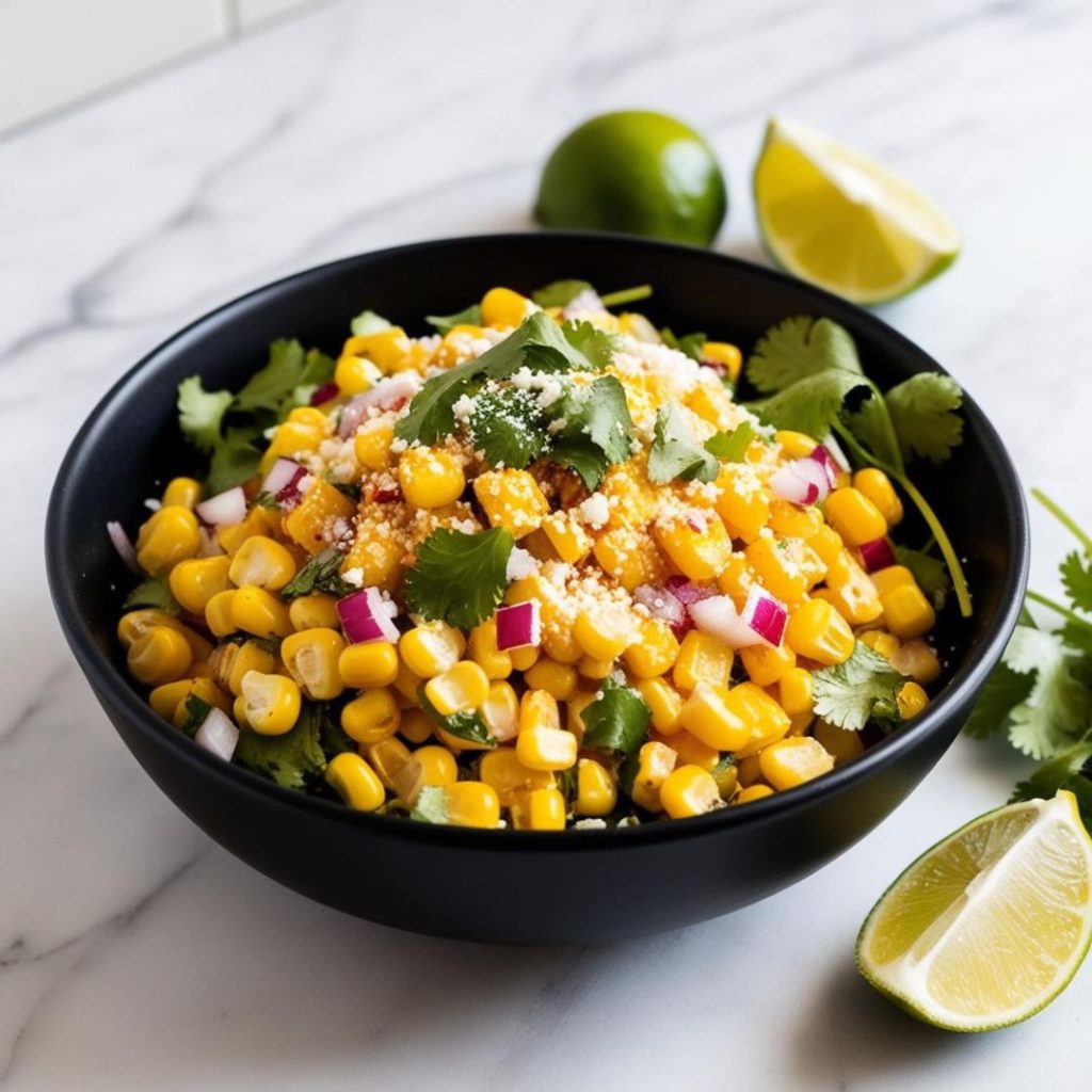 An appetizing bowl of Mexican Street Corn Salad, featuring vibrant yellow corn kernels mixed with creamy dressing, fresh cilantro, crumbled cheese, and a hint of red chili powder, garnished with lime wedges on the side.