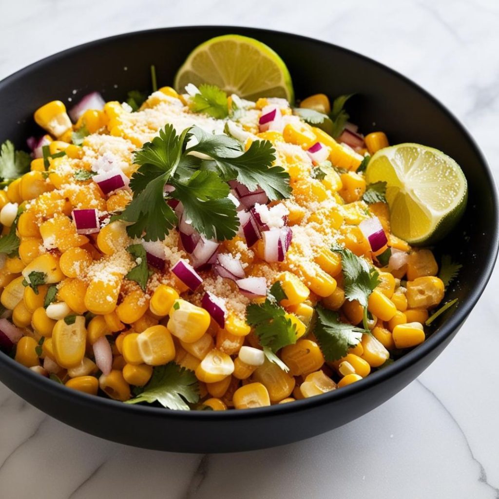 An appetizing bowl of Mexican Street Corn Salad, featuring vibrant yellow corn kernels mixed with creamy dressing, fresh cilantro, crumbled cheese, and a hint of red chili powder, garnished with lime wedges on the side.