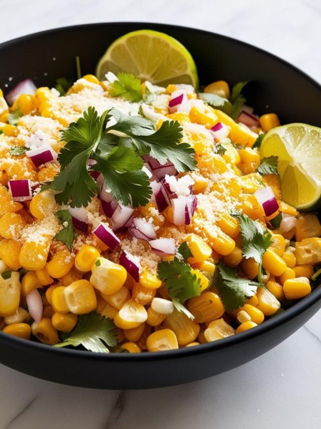 An appetizing bowl of Mexican Street Corn Salad, featuring vibrant yellow corn kernels mixed with creamy dressing, fresh cilantro, crumbled cheese, and a hint of red chili powder, garnished with lime wedges on the side.