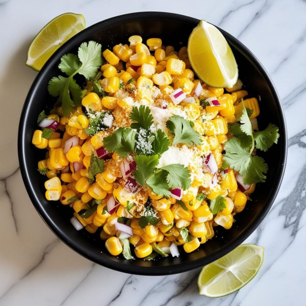 An appetizing bowl of Mexican Street Corn Salad, featuring vibrant yellow corn kernels mixed with creamy dressing, fresh cilantro, crumbled cheese, and a hint of red chili powder, garnished with lime wedges on the side.