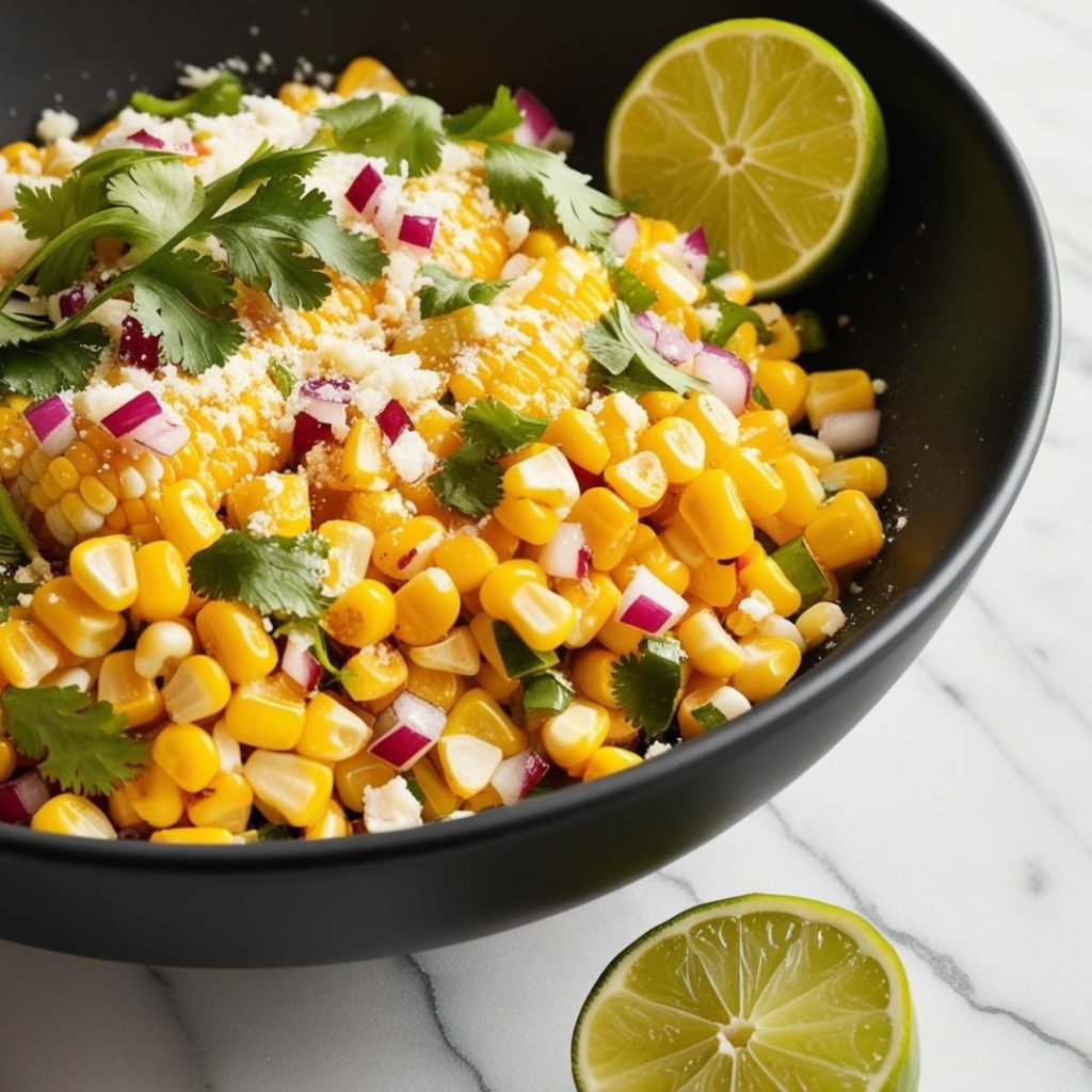 An appetizing bowl of Mexican Street Corn Salad, featuring vibrant yellow corn kernels mixed with creamy dressing, fresh cilantro, crumbled cheese, and a hint of red chili powder, garnished with lime wedges on the side.