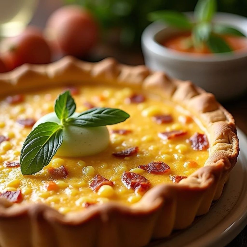 Mississippi Sin Quiche served on a plate with a side of fresh salad and a drizzle of dressing.