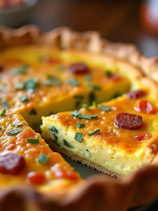 A golden-brown Mississippi Sin Quiche fresh out of the oven, topped with melted cheese and garnished with parsley.