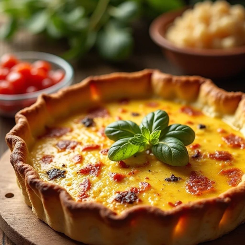 Sliced Mississippi Sin Quiche showing a creamy, cheesy filling with bits of ham and green onions.