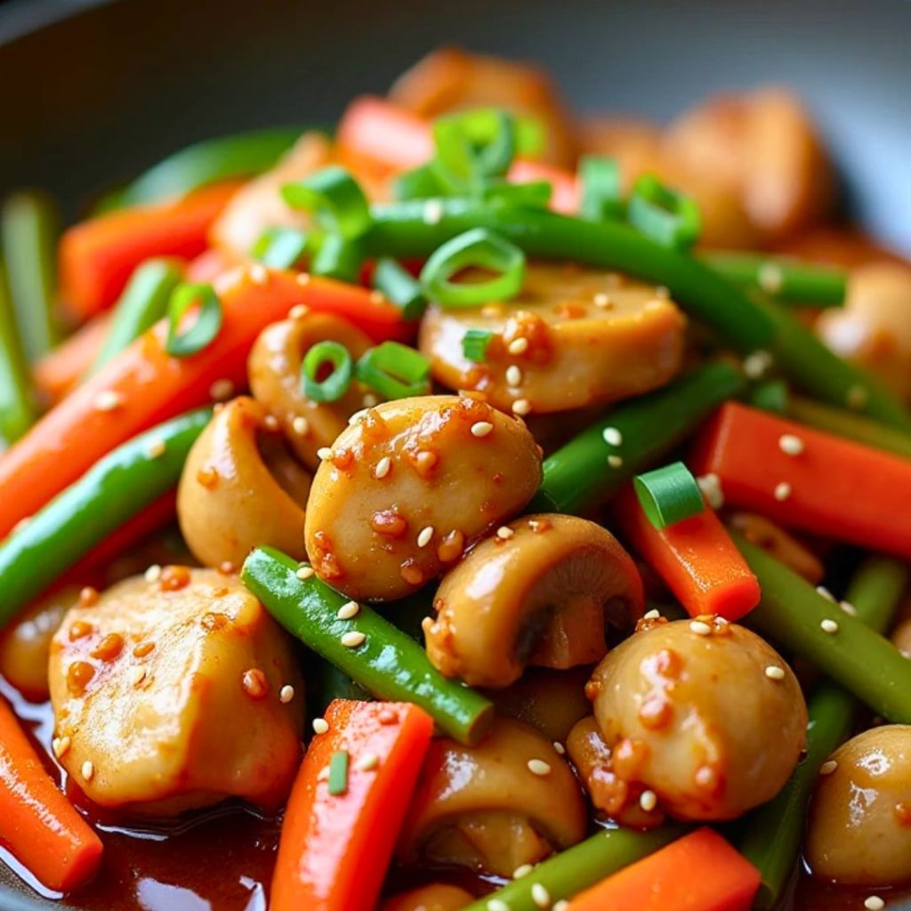 A vibrant stir-fry of tender chicken, mushrooms, and crisp vegetables in a savory, light sauce.