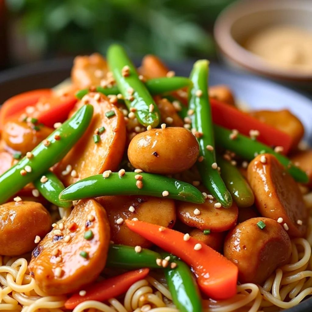  A plant-based twist featuring tofu, mushrooms, broccoli, and snap peas in a flavorful garlic-ginger sauce.