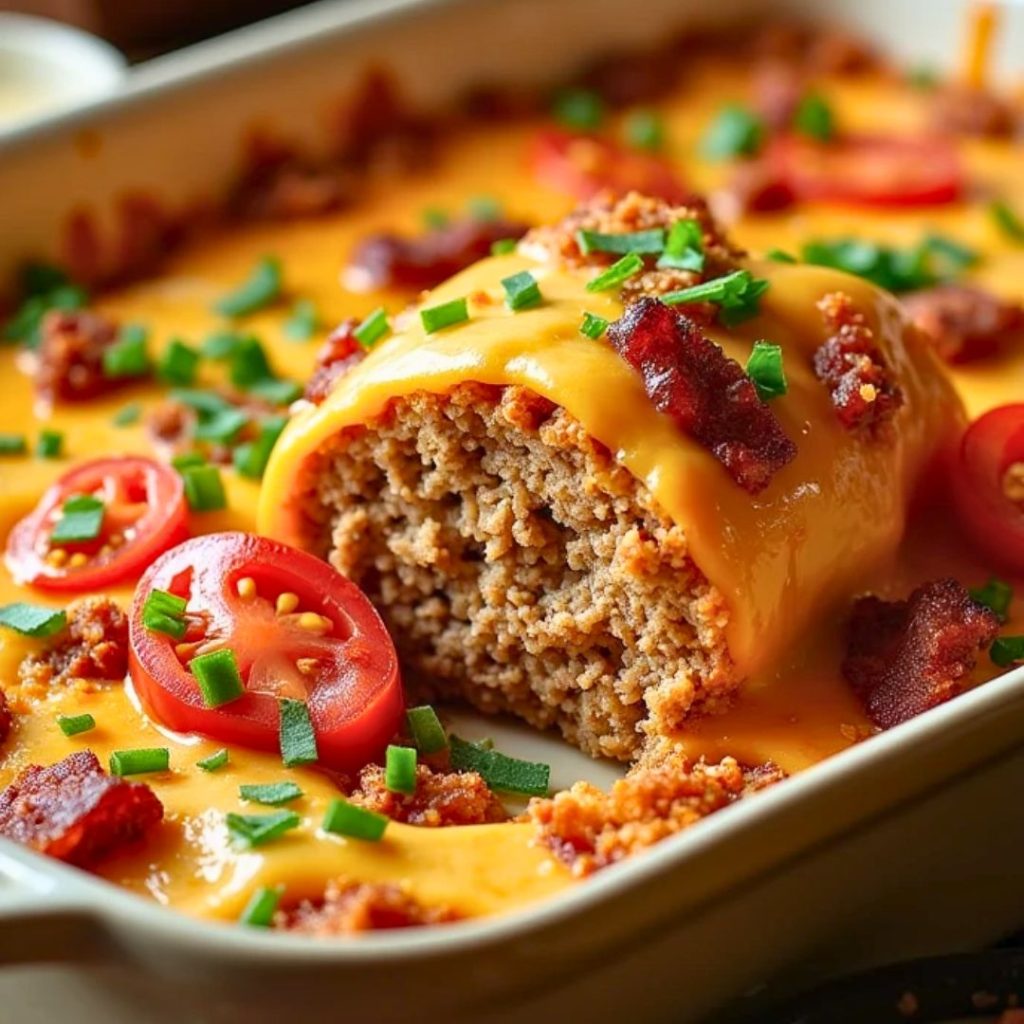 A slice of cheesy loaded meatloaf casserole with layers of seasoned meat, mashed potatoes, and gooey cheese on a plate.