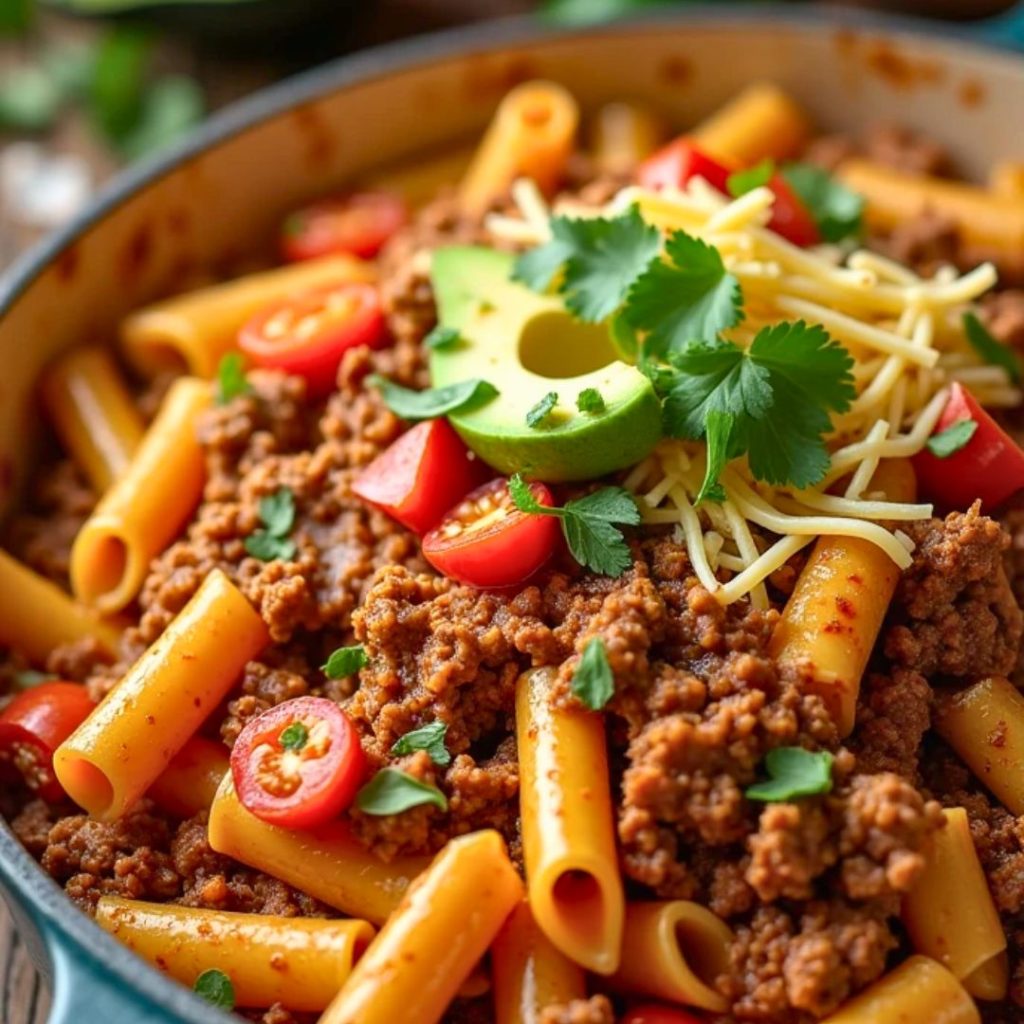 Close-up of creamy taco-flavored pasta mixed with seasoned ground beef, topped with diced tomatoes and jalapeños.