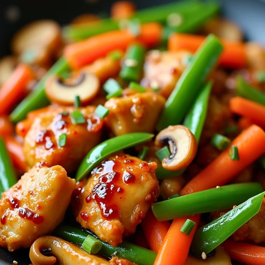 A fiery version with chicken, mushrooms, bell peppers, and chili sauce for a bold, zesty kick.