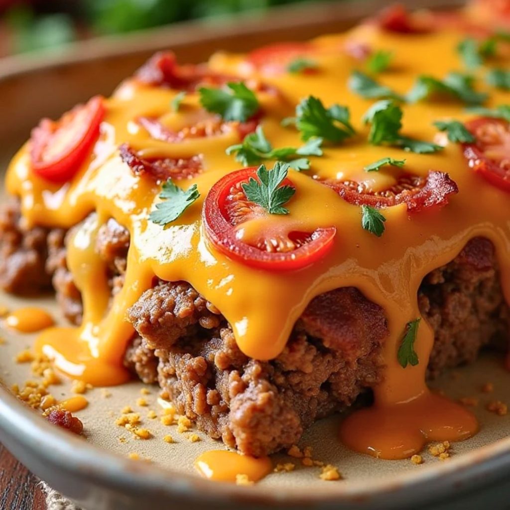 Close-up of a cheesy loaded meatloaf casserole, showcasing a golden-brown cheese crust and savory bacon pieces.