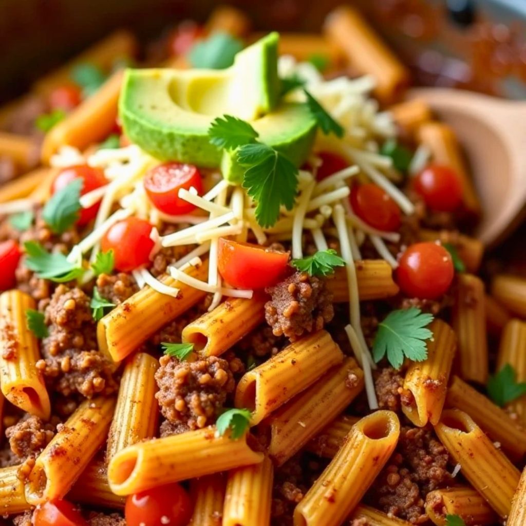 One-pot beef taco pasta served in a skillet, surrounded by taco toppings like sour cream, avocado slices, and tortilla chips.