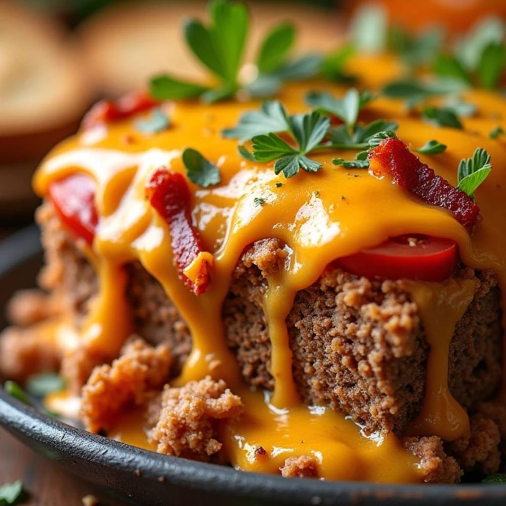 A serving of cheesy loaded meatloaf casserole paired with steamed green beans and a drizzle of gravy for a comforting meal.