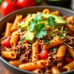 A bowl of cheesy beef taco pasta, sprinkled with green onions, perfect for an easy and satisfying dinner.