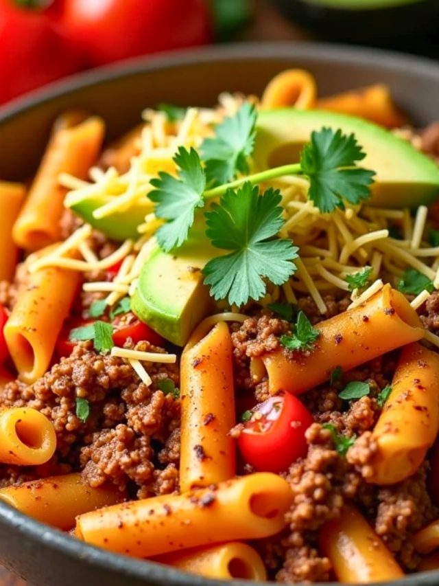 A bowl of cheesy beef taco pasta, sprinkled with green onions, perfect for an easy and satisfying dinner.