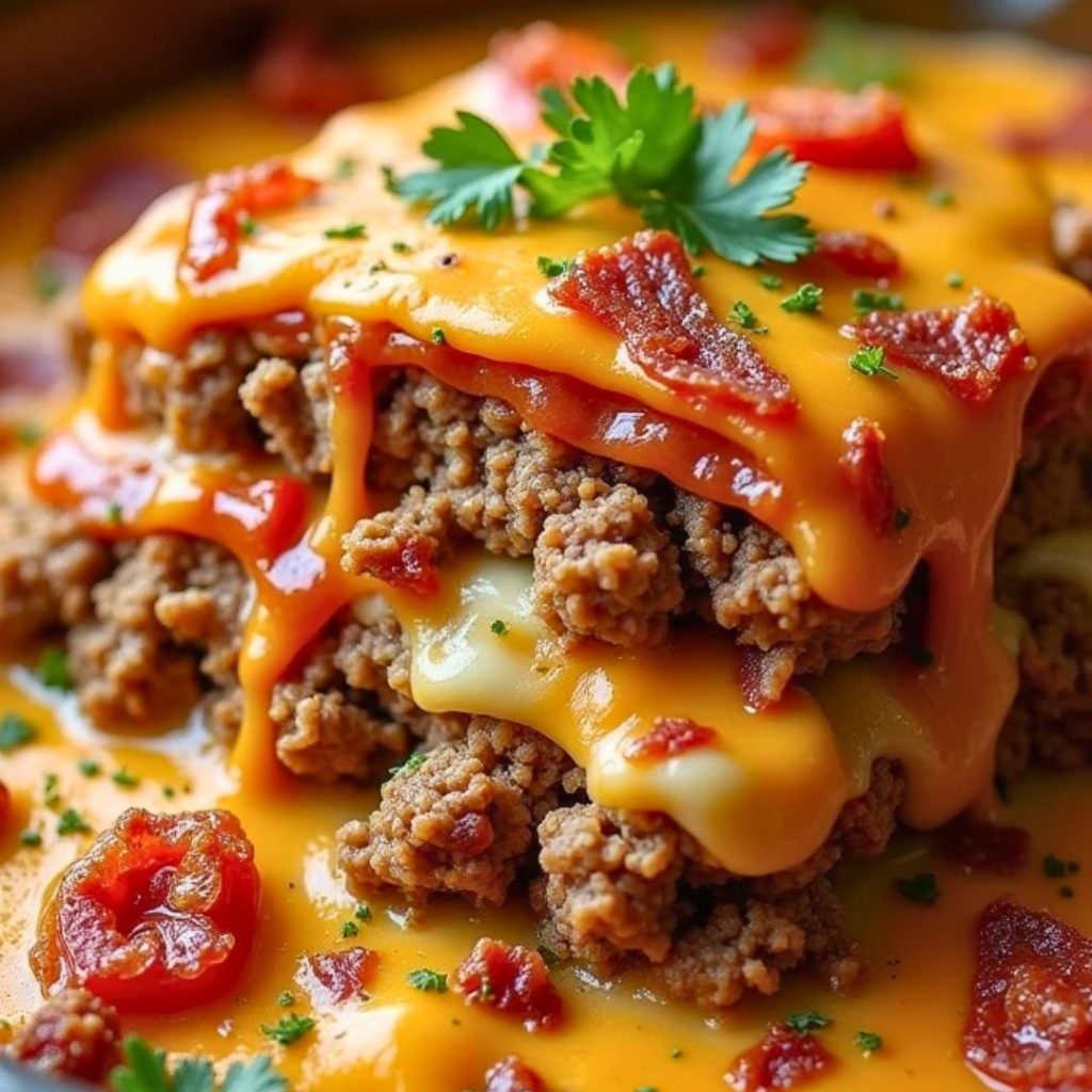 A hearty cheesy loaded meatloaf casserole topped with melted cheese and crispy bacon, served hot in a baking dish