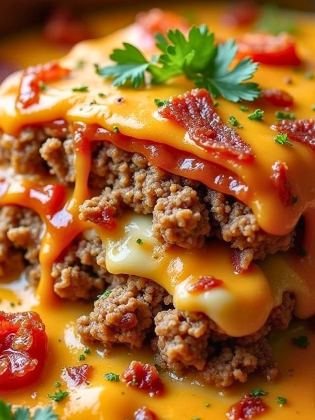 A hearty cheesy loaded meatloaf casserole topped with melted cheese and crispy bacon, served hot in a baking dish