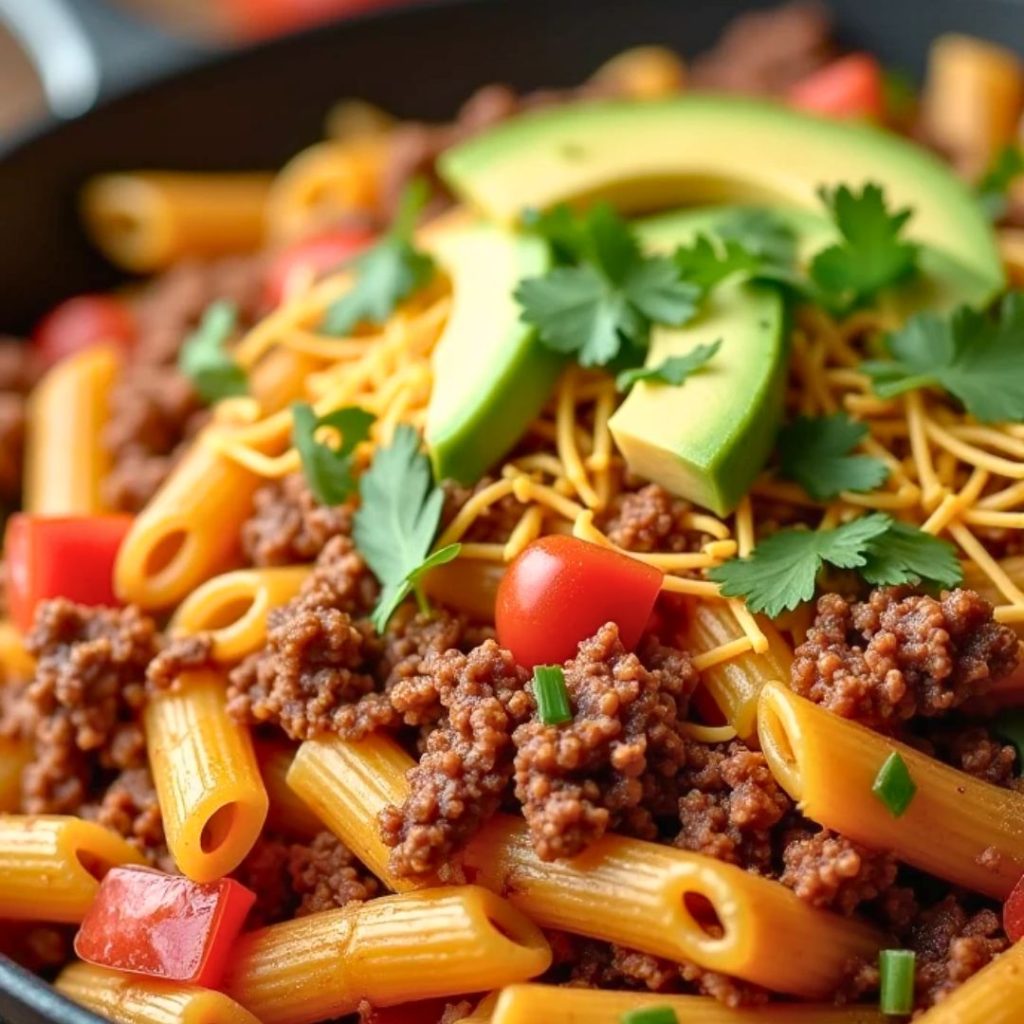 A hearty one-pot beef taco pasta dish garnished with fresh cilantro, shredded cheese, and a lime wedge on the side.