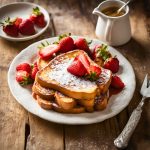 A plate of golden, baked Overnight French Toast topped with fresh berries and syrup.