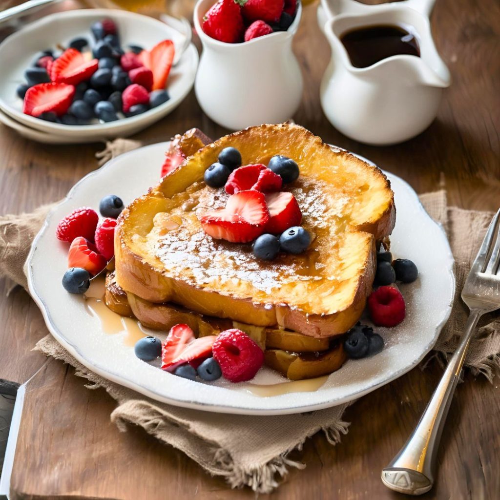 A plate of golden, baked Overnight French Toast topped with fresh berries and syrup.