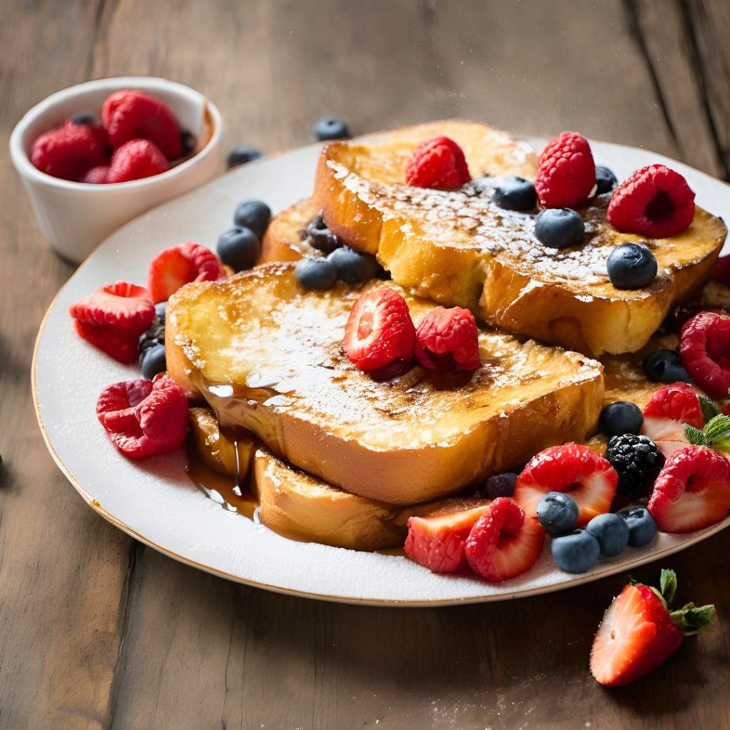 A plate of golden, baked Overnight French Toast topped with fresh berries and syrup.