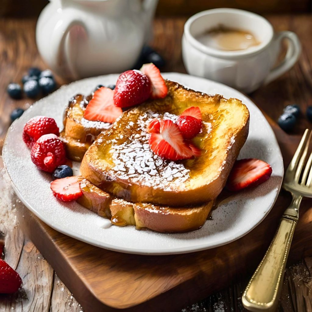 A plate of golden, baked Overnight French Toast topped with fresh berries and syrup.