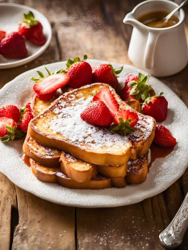 A plate of golden, baked Overnight French Toast topped with fresh berries and syrup.