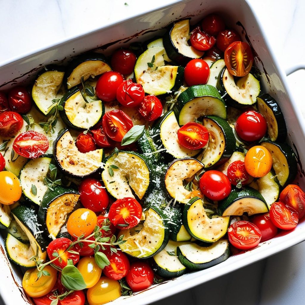 Roasted Garlic-Parmesan Zucchini Squash and Tomatoes