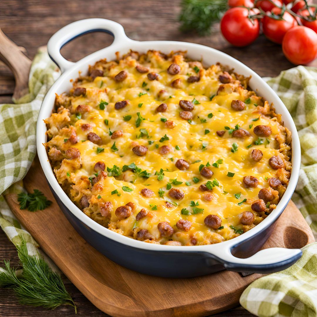 Sausage Hash Brown Casserole: A hearty breakfast bake with seasoned sausage, crispy hash browns, and melted cheese.