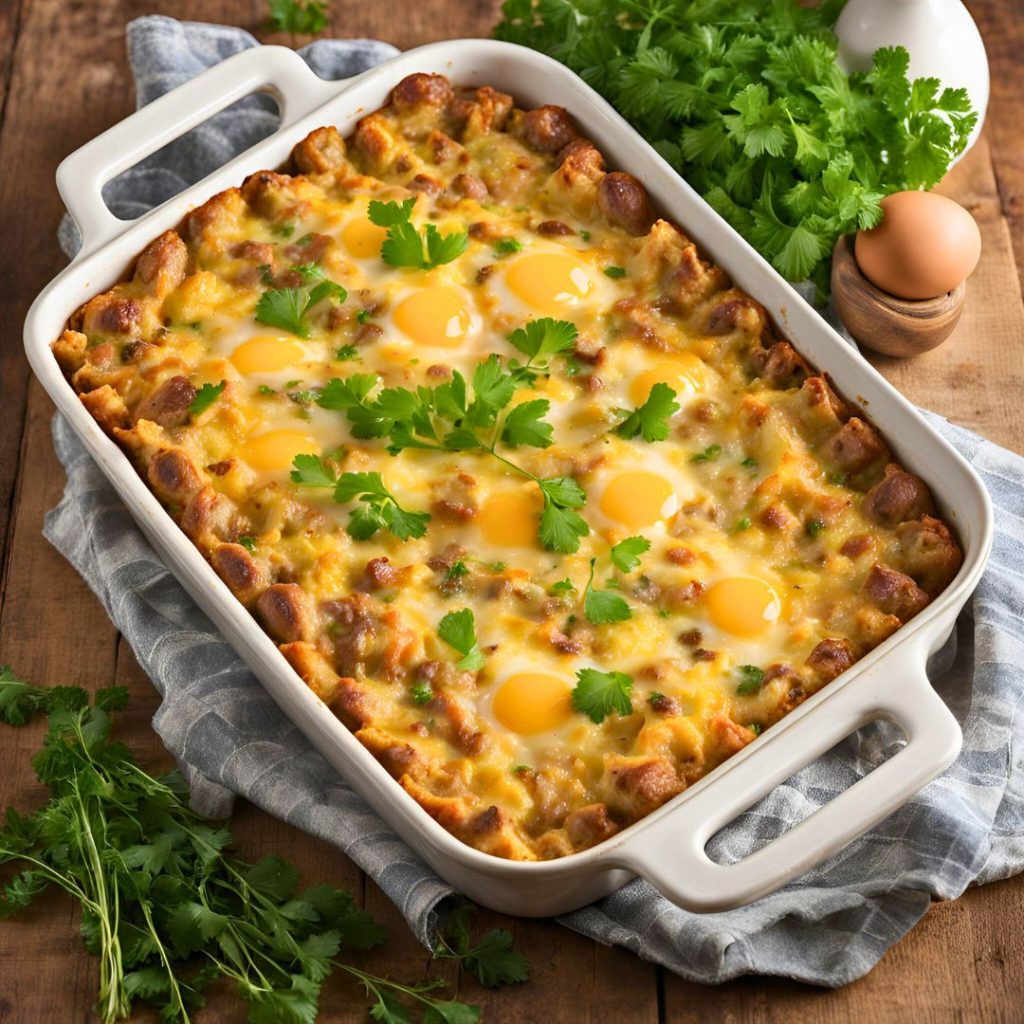 A rustic wooden table set with a sausage and egg breakfast casserole, surrounded by fresh ingredients like eggs, sausage, and parsley.