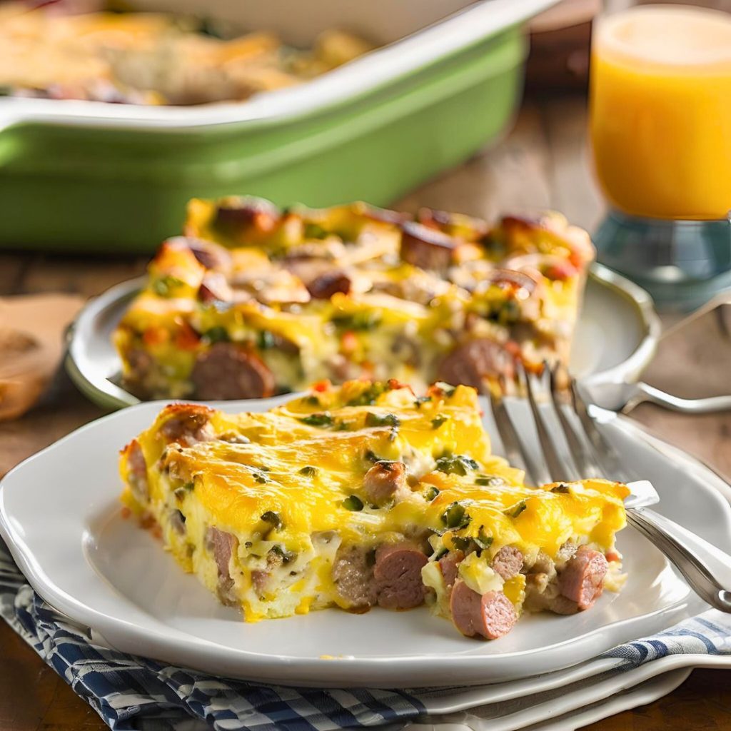 A freshly baked breakfast casserole featuring sausage, eggs, and cheese, still in the casserole dish, with steam rising