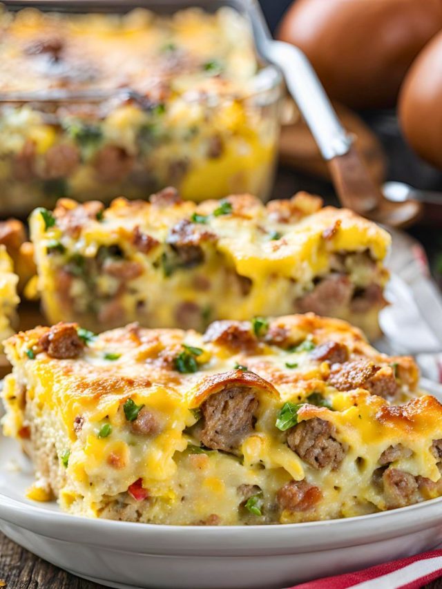 Close-up view of a golden-brown sausage and egg breakfast casserole, topped with melted cheese and garnished with fresh herbs, served in a baking dish.