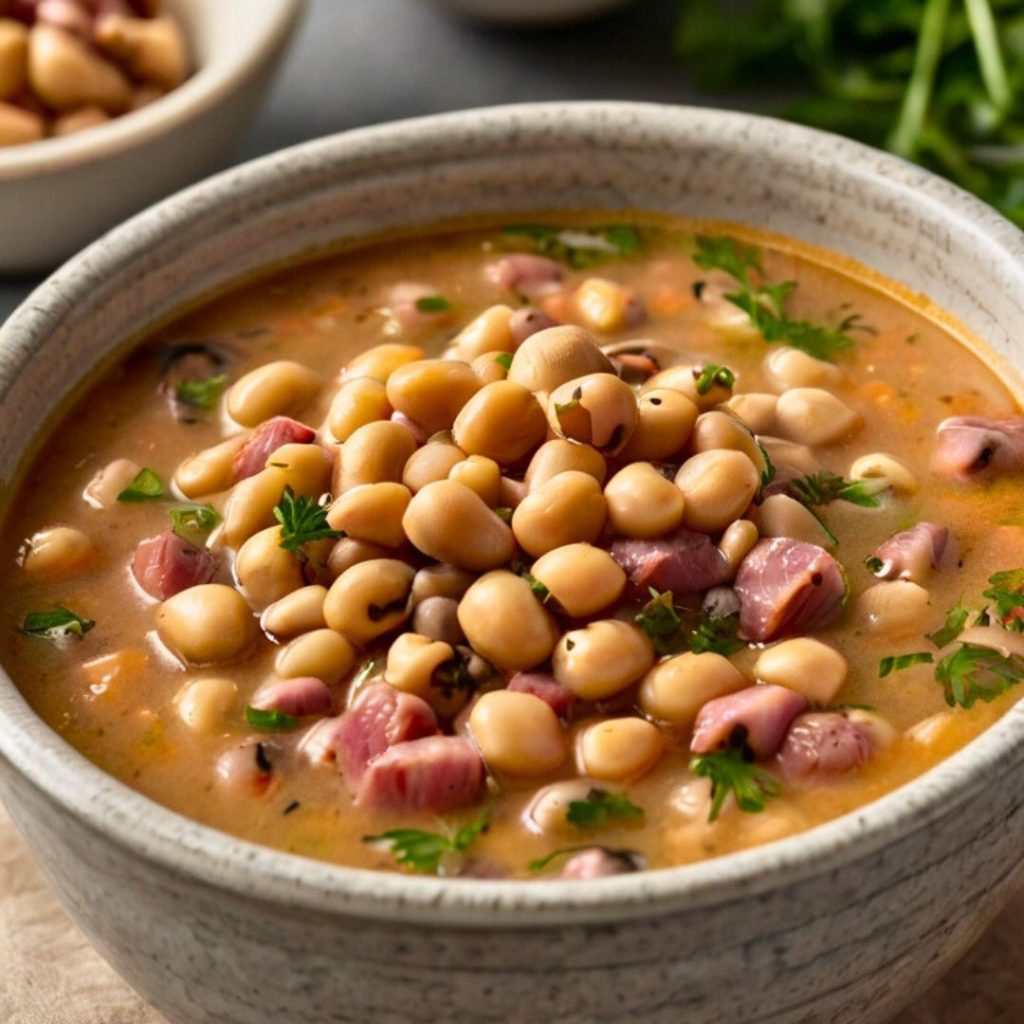 Close-up of black-eyed peas simmering in a slow cooker with diced onions, garlic, and smoked ham for a flavorful dish.