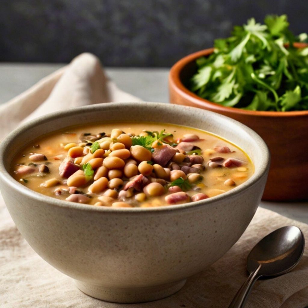 A rustic wooden table set with a pot of slow-cooked black-eyed peas, a serving spoon, and a side of collard greens.