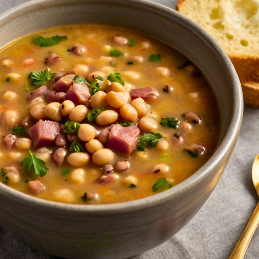 A hearty bowl of slow-cooked black-eyed peas, garnished with fresh parsley and served with cornbread for a comforting Southern meal.