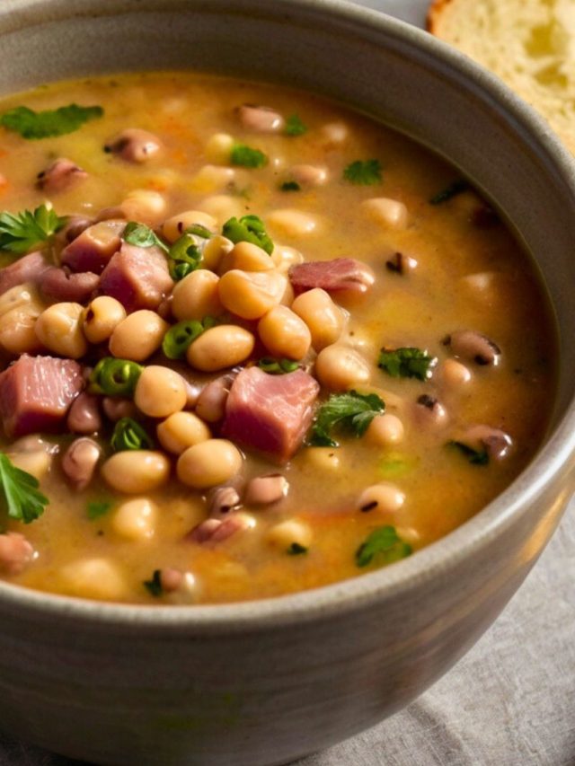 A hearty bowl of slow-cooked black-eyed peas, garnished with fresh parsley and served with cornbread for a comforting Southern meal.