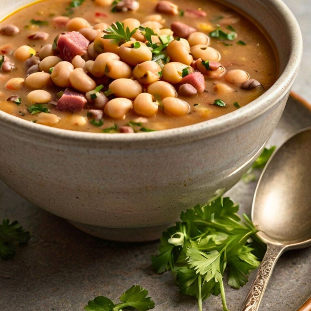 A rustic wooden table set with a pot of slow-cooked black-eyed peas, a serving spoon, and a side of collard greens.