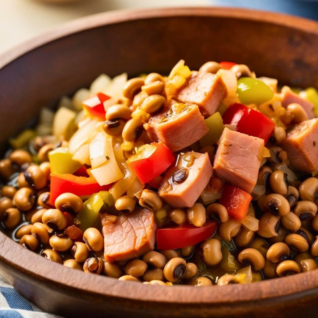 A hearty bowl of Southern-style black-eyed peas served with cornbread, garnished with fresh parsley.