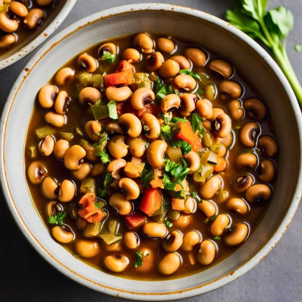 Close-up of a savory Southern black-eyed peas recipe, featuring tender peas and flavorful seasoning in a rich broth.