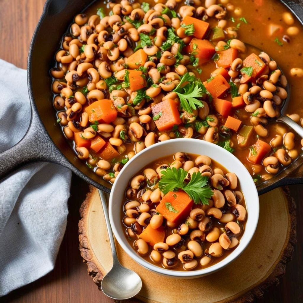 Rustic presentation of black-eyed peas simmered with bacon, garlic, and herbs, perfect for a comforting meal.