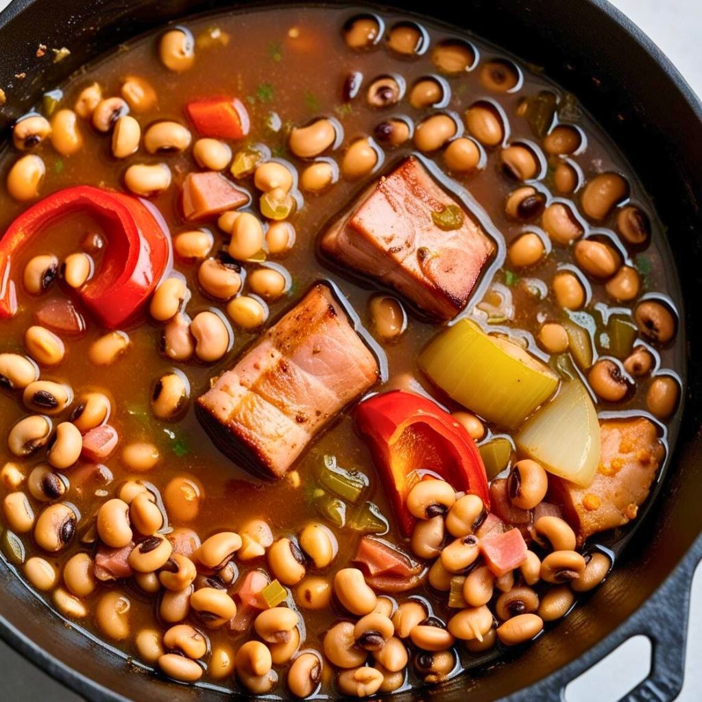 Traditional Southern black-eyed peas cooked with smoky ham hocks, onions, and spices, ready to be served.