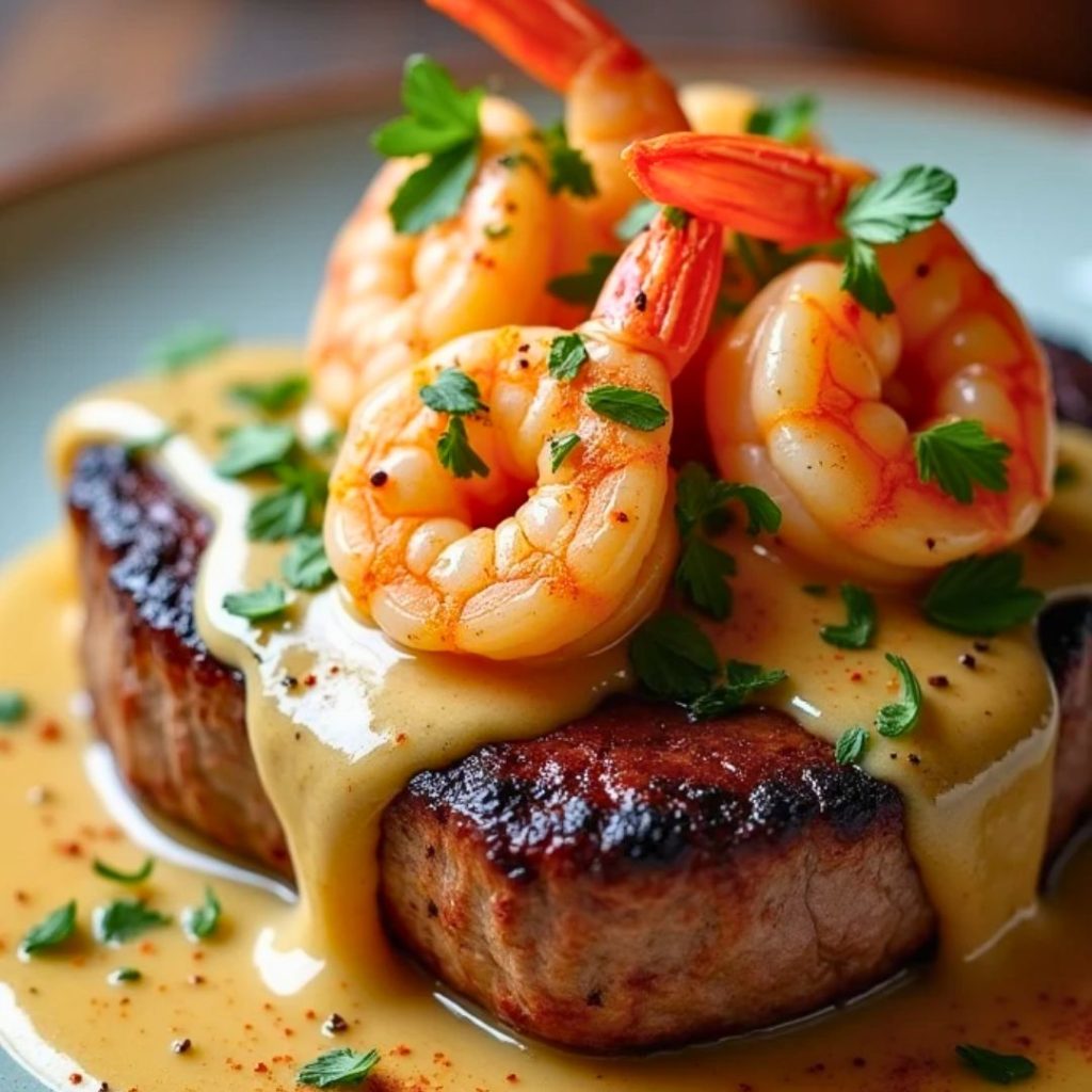 Tender grilled steak drizzled with a rich, creamy Cajun shrimp sauce, creating a perfect combination of flavors.