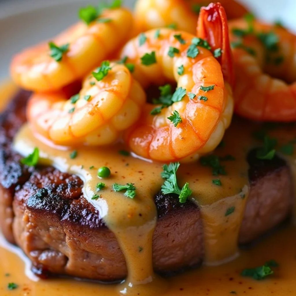 A sizzling steak topped with a creamy Cajun shrimp sauce, garnished with fresh herbs for a flavorful, spicy meal.