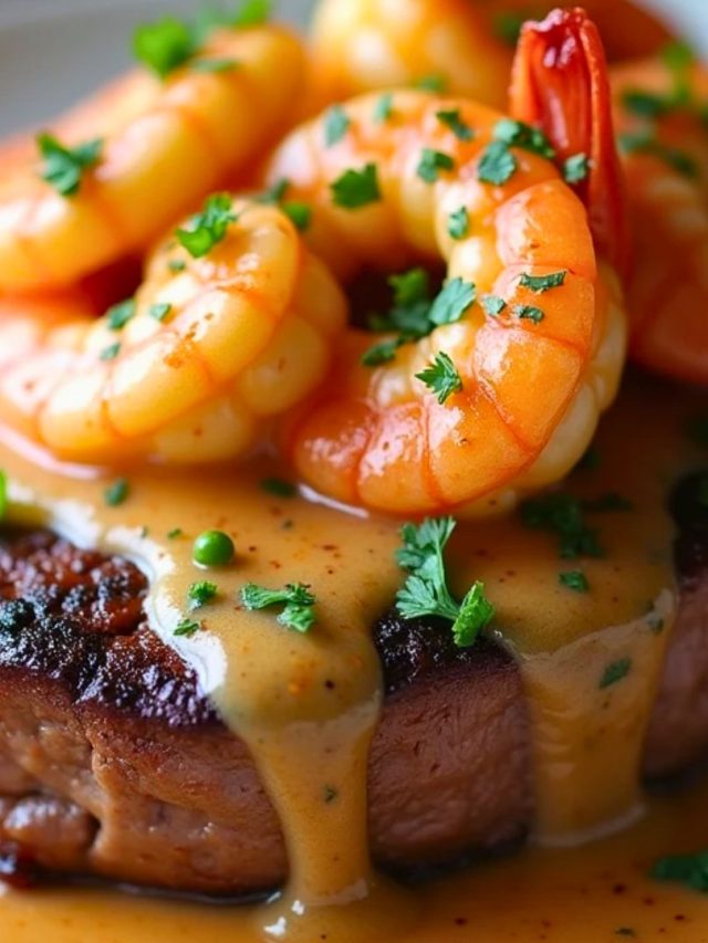 A sizzling steak topped with a creamy Cajun shrimp sauce, garnished with fresh herbs for a flavorful, spicy meal.