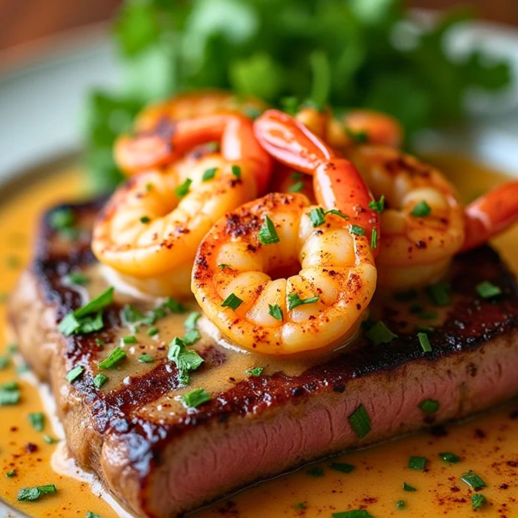 A hearty steak served with a luscious Cajun shrimp sauce, featuring succulent shrimp and bold spices for a delicious twist.