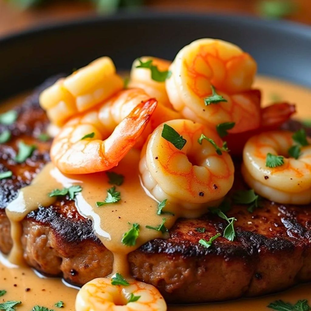 A juicy steak with a velvety Cajun shrimp sauce, offering a spicy, creamy finish that enhances the dish's savory goodness.