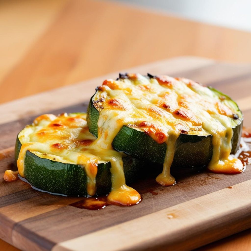 Homemade tender cheesy zucchini steaks, featuring thick slices of zucchini topped with melted golden-brown cheese, garnished with fresh herbs, and served on a rustic wooden plate